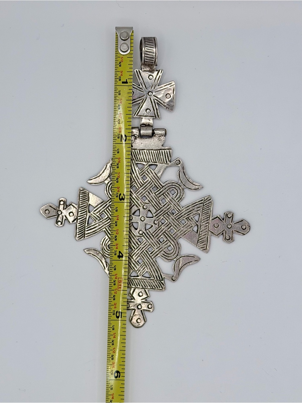 Vintage Ethiopian Cross Pendant Birds Large 5” Heavy 42g Silver Hinged Bale - Picture 3 of 6